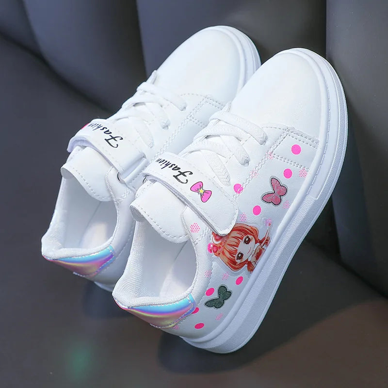 Girls Casual Sports Shoes Children Soft Bottom Non Slip Lightweight Sneakers Big Kids Breathable Comfort PU Leather Flat Shoes