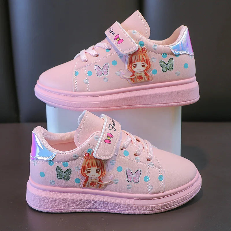 Girls Casual Sports Shoes Children Soft Bottom Non Slip Lightweight Sneakers Big Kids Breathable Comfort PU Leather Flat Shoes